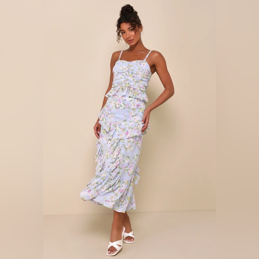 Lulus Easily Beloved Light Blue Floral Ruffled Set - XS